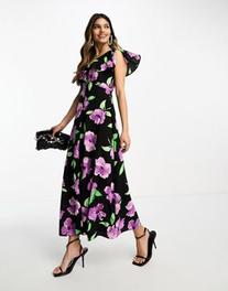 Oferta de Vestido de tarde midi morado con estampado floral grande, mangas fluidas y botones de ASOS DESIGN por 27,99€ en Asos