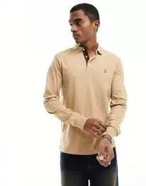 Oferta de Polo color camel jaspeado de corte custom y manga larga con logo multicolor de algodón pima de Polo Ralph Lauren por 112€ en Asos