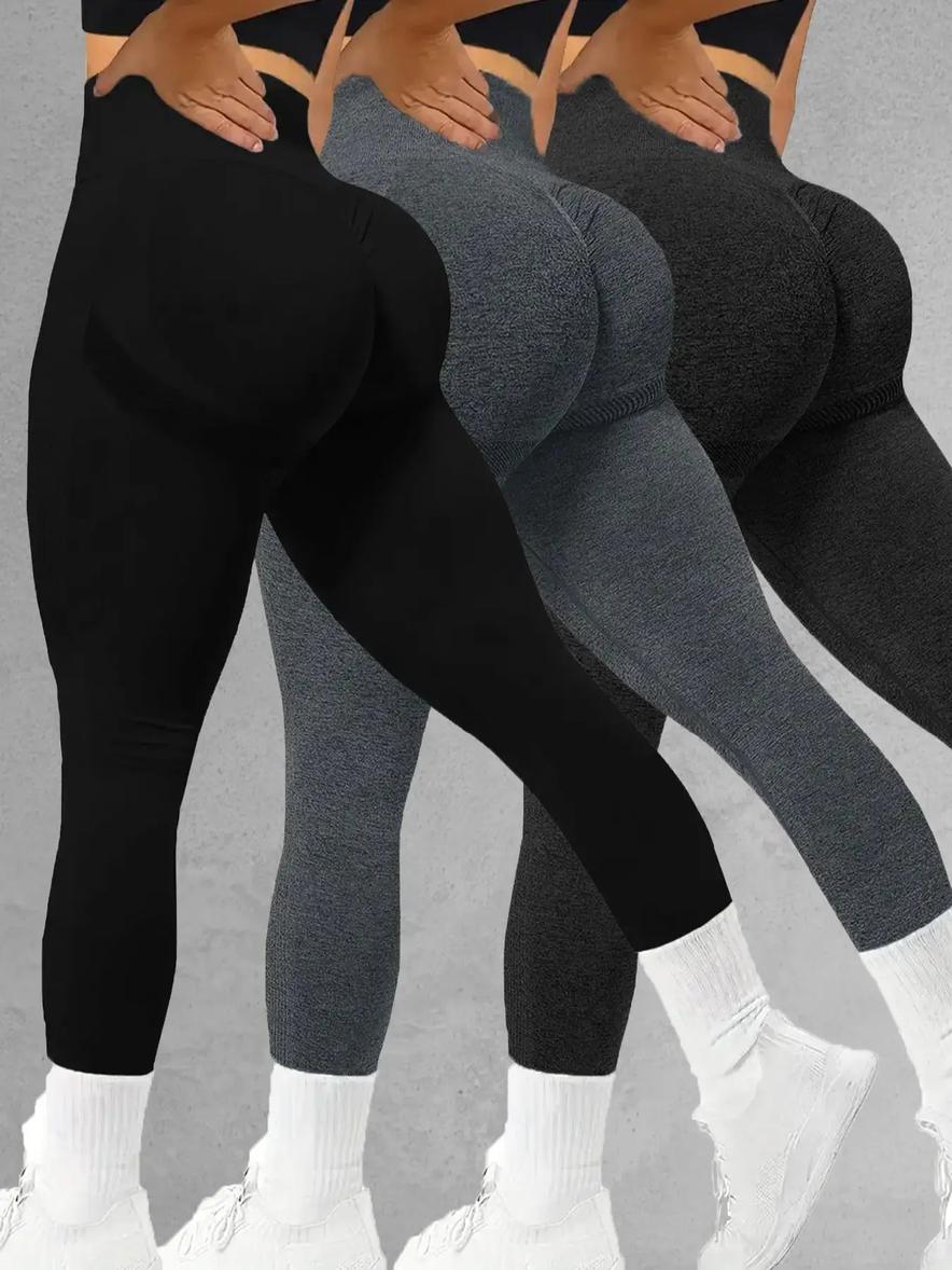 Oferta de Juego de 3 leggings sin costuras para mujer, de cintura alta, absorbentes de humedad, leggings deportivos diarios, diseño con pompis de durazno por 23€ en SheIn