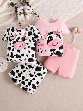 Oferta de SHEIN Set de pijama de verano para bebé niña, 4 piezas de ajuste cómodo, bonito patrón de vaca, camiseta y pantalones cortos de manga corta tejidos para el hogar por 12€ en SheIn