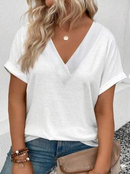 Oferta de SHEIN LUNE Camiseta casual de talla grande para mujer, de unicolor con cuello en V y mangas cortas, ideal para el verano por 8€ en SheIn