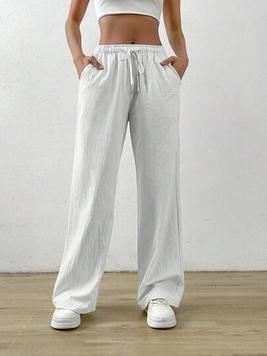 Oferta de SHEIN EZwear Pantalones Blancos De Vestir Para El Verano Con Cintura De Cordón Y Bolsillos Inclinados por 16€ en SheIn