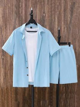 Oferta de Conjunto De Camisa Azul Y Pantalones Cortos Para Hombres por 18€ en SheIn