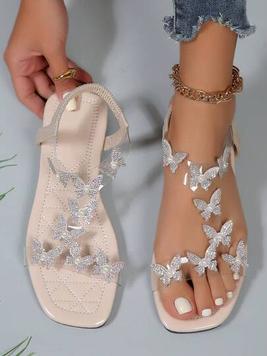 Oferta de Sandalias y zapatillas de verano elegantes planas de tacón alto con punta abierta, lazada y pedrería para mujer, zapatos de fiesta bohemios por 11,5€ en SheIn