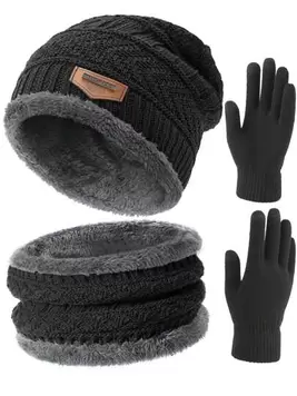 Oferta de Conjunto de gorro de punto, bufanda y guantes táctiles para invierno, gorro tipo calavera forrado de felpa para hombres y mujeres en exteriores por 1,2€ en SheIn