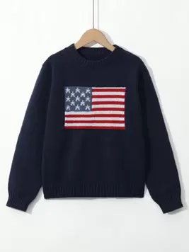 Oferta de 1 pieza Jersey de punto con patrón de bandera americana para niñas, jersey de cuello redondo de manga larga con rayas y estrellas para señoritas jóvenes por 12,99€ en SheIn