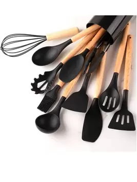 Oferta de 12 piezas de silicona utensilios de cocina Set con mango de madera con Cubo de almacenamiento por 0,91€ en SheIn