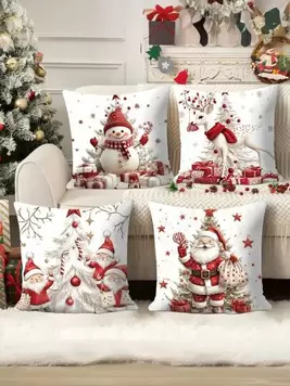 Oferta de Juego de 4 fundas de almohada decorativas contemporáneas de poliéster con cierre de cremallera, de 45 cm - Estampadas con muñeco de nieve, reno, Papá Noel, gnomo festivos para decoración de sofá, s... por 4,5€ en SheIn