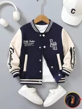 Oferta de Chaqueta de béisbol informal con manga larga, un solo pecho, con estampado de eslogan y contraste de color para niño, de temporada de otoño por 12,99€ en SheIn