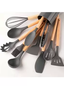 Oferta de Juego De Utensilios De Cocina De Silicona De 12 Piezas Con Mango De Madera Y Cubo De Almacenamiento por 0,91€ en SheIn