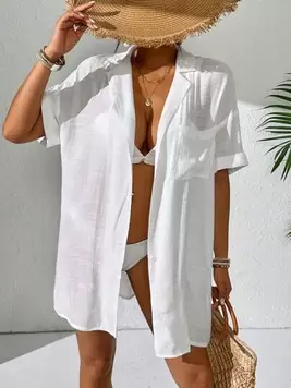 Oferta de SHEIN Swim Kimono sencillo de mujer de unicolor de manga corta, atuendo de playa de verano para mujer, cubre-bikini de playa, camisa de playa larga por 9,77€ en SheIn