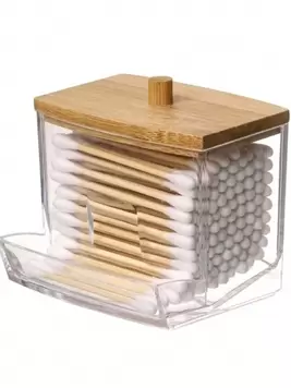 Oferta de 1 pieza Organizador de bastoncillos de acrílico con tapa de bambú, dispensador pequeño transparente de hisopos, soporte plástico para palillos de oído, recipiente de almacenamiento para palillos, o... por 0,9€ en SheIn