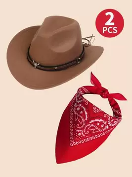 Oferta de Conjunto de 2 piezas de accesorios de disfraz de vaquero estilo occidental para niños - Incluye sombrero de vaquero y pañuelo de cuello para fiestas de granja, Halloween, Navidad, Navidad, disfraz ... por 9,8€ en SheIn