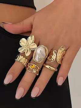 Oferta de Set de 6 anillos con flores exageradas y perlas falsas estilo barroco, joyas vintage elegantes para mujer por 3,8€ en SheIn