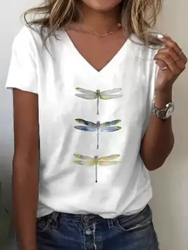 Oferta de Camiseta casual de manga corta con cuello en V y estampado de libélula colorido para mujer por 4,54€ en SheIn