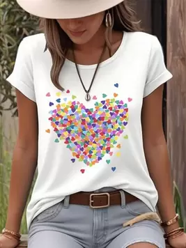 Oferta de Calvaya Camiseta de manga corta y cuello redondo con estampado floral diminuto en forma de corazón para mujer talla grande, adecuada para el Día de la Madre, primavera/verano, Día de San Valentín por 7,22€ en SheIn