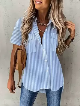 Oferta de INAWLY Camisa casual de mujer de manga corta, de bolsillo, holgada y con rayas, ideal para vacaciones por 10,99€ en SheIn
