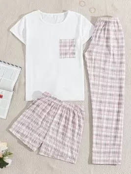 Oferta de Cottnline 3 piezas/Conjunto de pijama de mujeres con estampado de cuadros y shorts con detalle de bolsillo, conjunto de pijama para el hogar por 9,79€ en SheIn