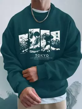 Oferta de SHEIN Sudadera con cuello redondo casual con estampado de paisaje de estilo japonés para hombre por 13,49€ en SheIn