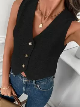 Oferta de Camisa de chaleco sin mangas con cuello en V y botón delantero de unicolor para mujer de oficina por 5,24€ en SheIn