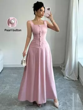 Oferta de Firerie Vestido de manga larga con cuello cuadrado rosa, cintura fruncida y plisado de alta gama, atuendo primavera y verano para mujer por 20,49€ en SheIn