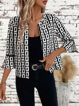 Oferta de SHEIN Clasi Chaqueta de mujer con estampado geométrico en blanco y negro con mangas abiertas por 7,49€ en SheIn