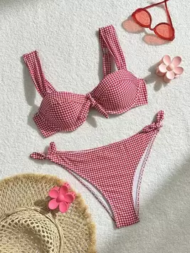 Oferta de Swim Mod Conjunto bikini sexy de cuadros con corbata frontal para mujer, para ropa de playa y vacaciones por 8,99€ en SheIn