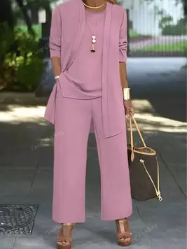 Oferta de Conjunto de 3 piezas: Chaqueta casual de unicolor para mujer + Top de tirantes de cuello redondo + Pantalones rectos de cintura elástica con bolsillo drapeado, conjunto de vestimenta para ir al tra... por 24,37€ en SheIn