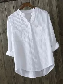 Oferta de INAWLY Camisa de manga larga con cuello con muesca de unicolor casual de talla grande para primavera/verano por 8,99€ en SheIn