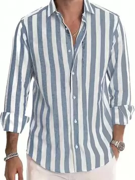 Oferta de Camisa casual de manga larga con botones y cuello de hombre, a rayas, de moda y versátil para uso casual, citas, playa, vacaciones, regalo por 11,99€ en SheIn