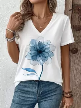 Oferta de Camiseta de mujer de cuello en V con estampado floral y manga corta, top casual de verano por 3,25€ en SheIn