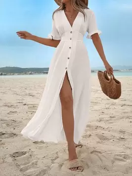 Oferta de SHEIN Vestido sólido con detalle de volantes para mujer, con botones en la parte delantera por 17,49€ en SheIn