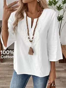 Oferta de EMERY ROSE Blusa casual sencilla de mujer con cuello en V de manga larga y unicolor, blusas de manga tres cuartos por 10,92€ en SheIn