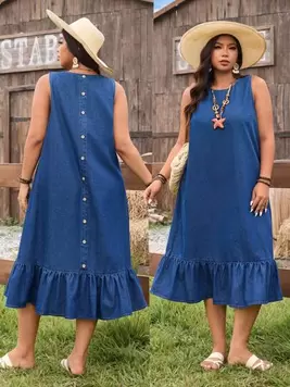 Oferta de Breezaya Vestido de peto vaquero de talla grande con cuello redondo, sin mangas y bajo con volantes en el borde por 24,99€ en SheIn