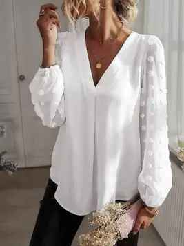 Oferta de Blusa de mujer de talla grande, de unicolor, con escote en V, manga farol y estampado jacquard por 9,49€ en SheIn