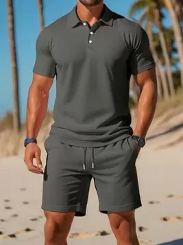 Oferta de Manfinity Dauomo Camisa polo sólida para hombre y pantalones cortos de cintura con cordón por 16,99€ en SheIn