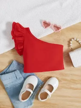 Oferta de SHEIN Camiseta de niña de un hombro con volantes en el dobladillo, de color liso, manga corta, para el verano por 3,99€ en SheIn