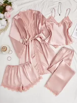 Oferta de 4 piezas Conjunto de pijama con camisa de tirantes, pantalones cortos, pantalones y bata de imitación de seda con patchwork de encaje por 13,99€ en SheIn