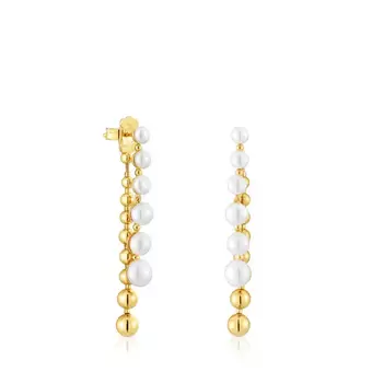 Oferta de Pendientes largos dobles con baño de oro de 18 kt sobre plata y perlas cultivadas Gloss por 249€ en Tous