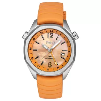 Oferta de Reloj gmt automático con correa de silicona color salmón, caja de acero y esfera de nácar TOUS Now por 389€ en Tous