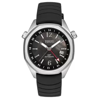 Oferta de Reloj gmt automático con correa de silicona negra, caja de acero y esfera de nácar TOUS Now por 389€ en Tous