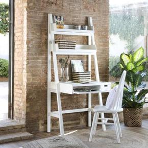 Oferta de Bassay escritorio de madera lacada en blanco con cajones y estantería por 319€ en Banak Importa