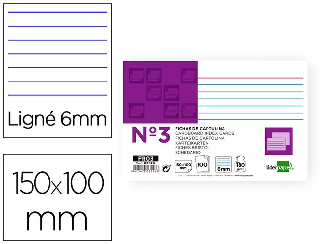 Oferta de Ficha liderpapel rayada nº3 100x150 mm 180g/m2 paquete de 100 unidades por 3,03€ en Carlin