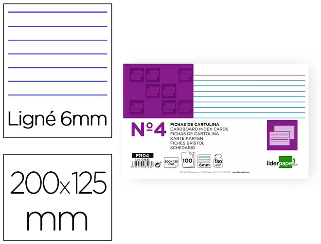 Oferta de Ficha liderpapel rayada nº4 125x200 mm 180g/m2 paquete de 100 unidades por 5,11€ en Carlin