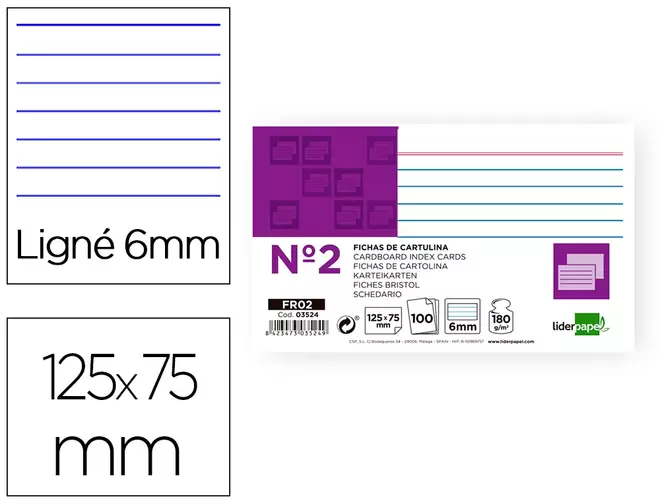 Oferta de Ficha liderpapel rayada nº2 75x125 mm 180g/m2 paquete de 100 unidades por 2,3€ en Carlin