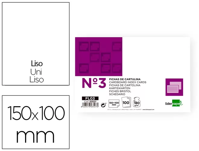 Oferta de Ficha liderpapel lisa nº3 100x150mm paquete de 100 180g por 2,86€ en Carlin