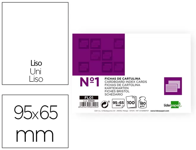 Oferta de Ficha liderpapel lisa nº1 65x95mm paquete de 100 180g por 1,77€ en Carlin