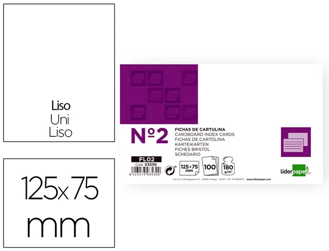 Oferta de Ficha liderpapel lisa nº2 75 x 125mm paquete de 100 180g por 2,15€ en Carlin