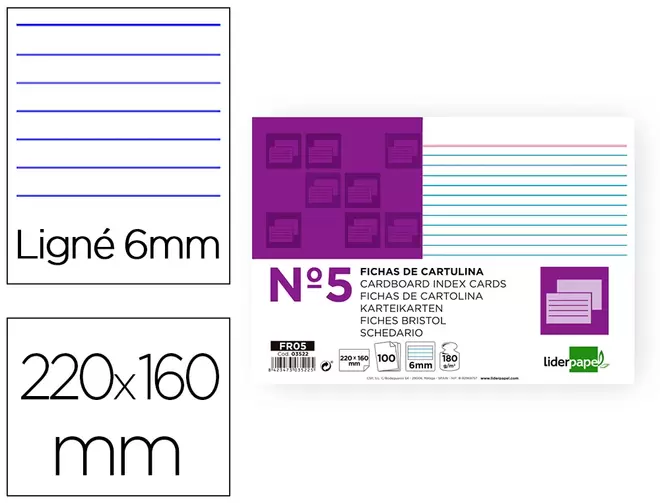 Oferta de Ficha liderpapel rayada nº5 160x220 mm 180g/m2 paquete de 100 unidades por 6,2€ en Carlin