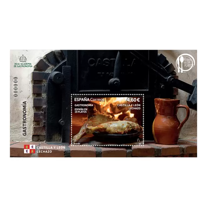 Oferta de Sello Lechazo. Castilla y León | Gastronomía: España en 19 platos 2024 | Hoja bloque por 4,6€ en Correos